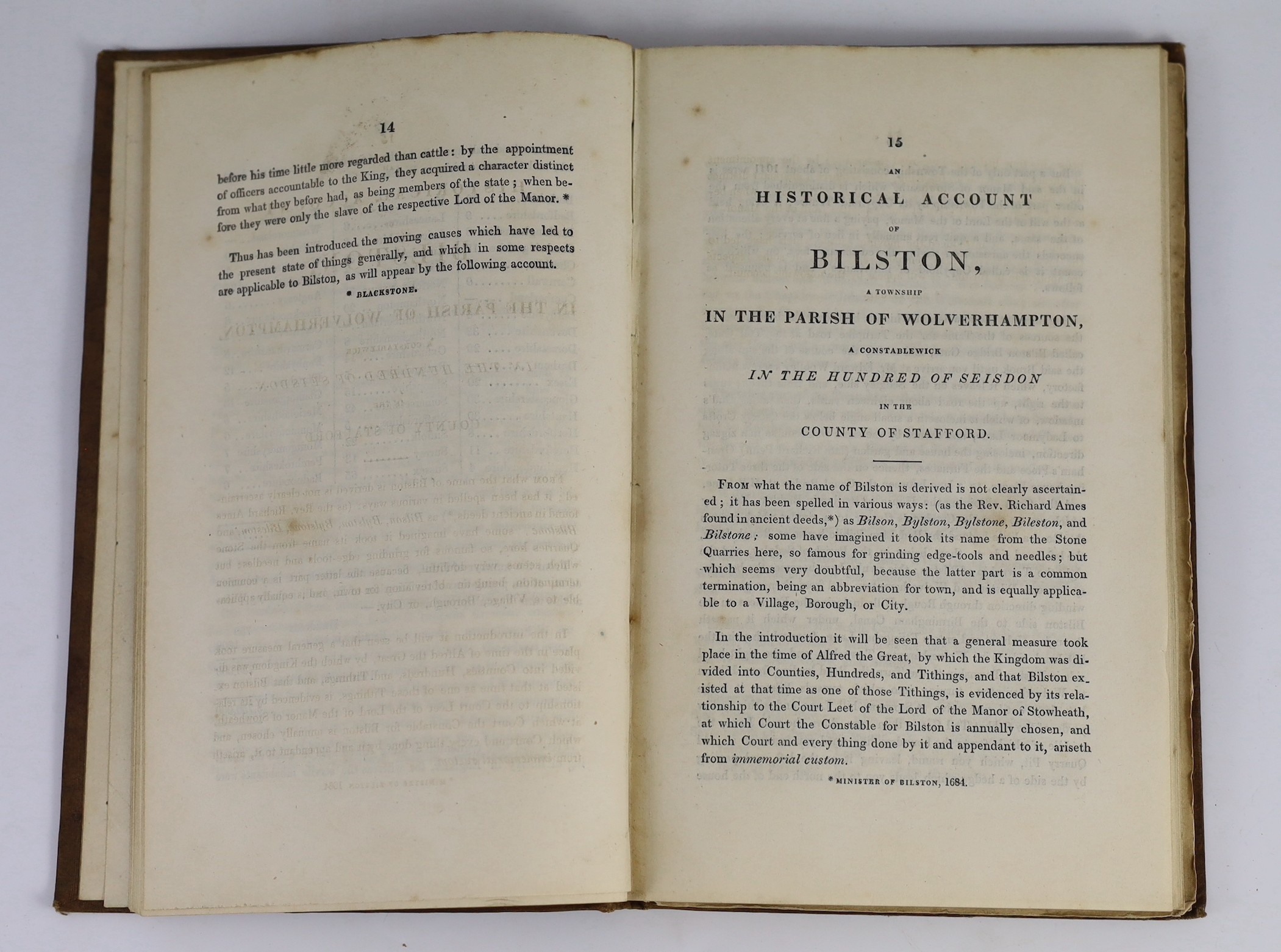 STAFFORDSHIRE: Price, Joseph - An Historical Account of Bilston ... particularly of the ancient chapel ... 6 plans (some hand coloured); old binder's cloth. Bilston: printed and published by and for the Author, 1835